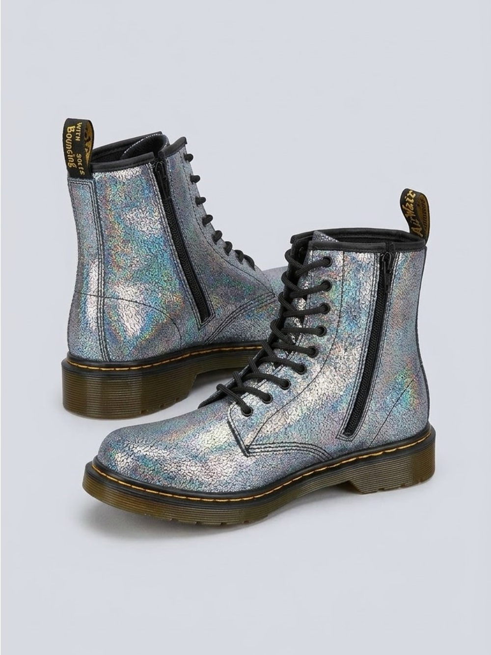 Dr. Martens Delaney Grey Holographic Metallic Boots Size US 7 Women / 6 Men NIB